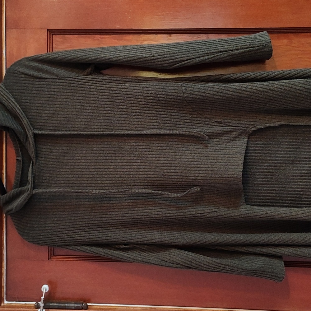 Hooded ribbed duster sweater/cape with open apron front - Picture 5 of 9